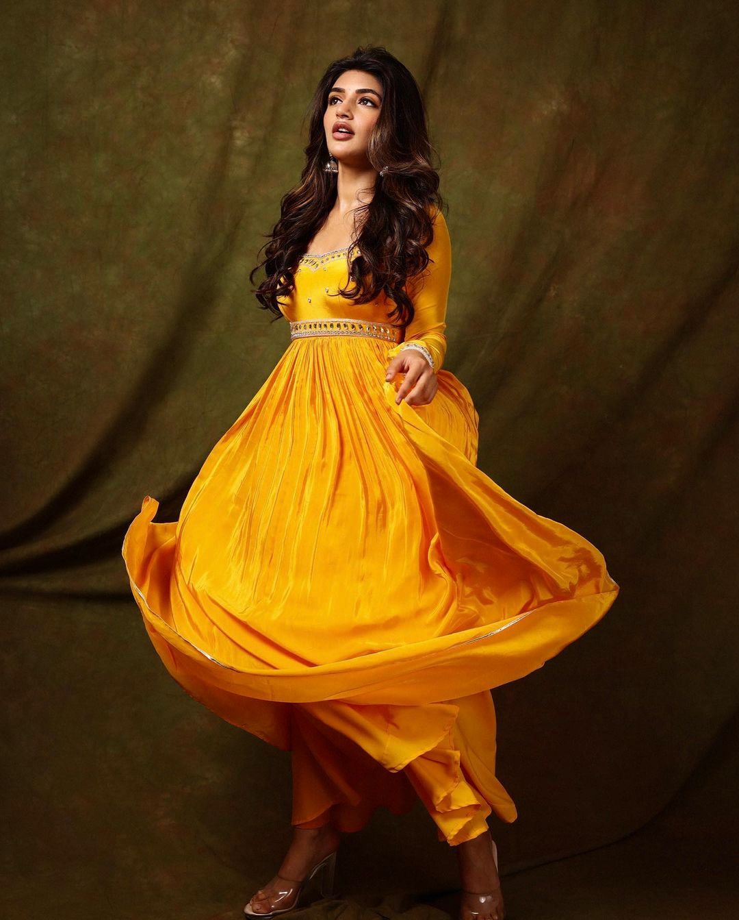 South Actress Sreeleela Inspired Yellow Colour Gown with Dupatta