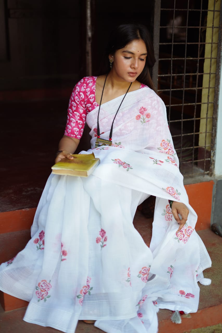 New Super White Colour Linen Pattu Saree with Pink Printed Blouse