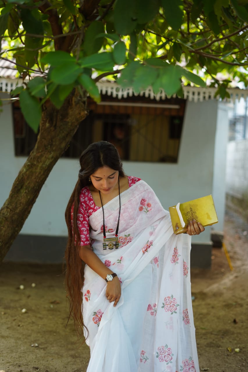 New Super White Colour Linen Pattu Saree with Pink Printed Blouse