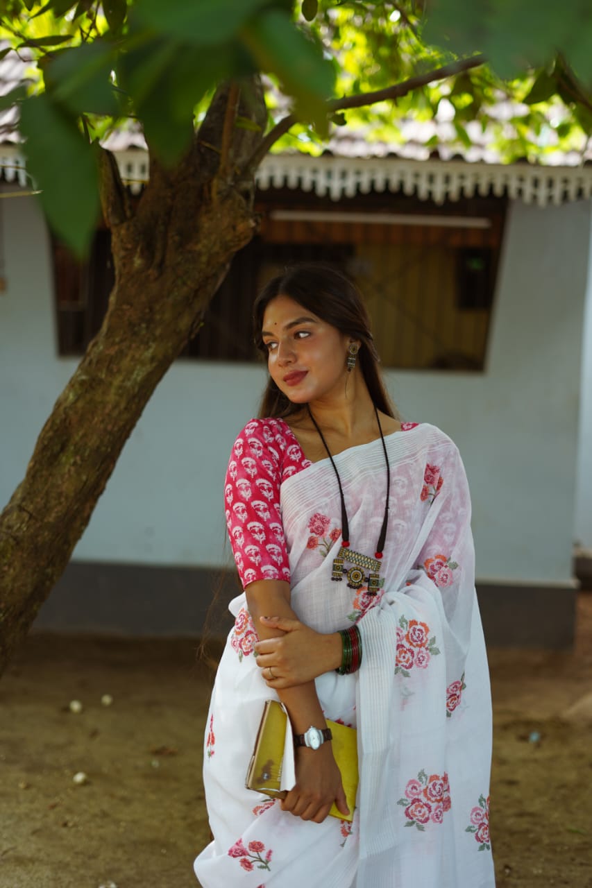 New Super White Colour Linen Pattu Saree with Pink Printed Blouse