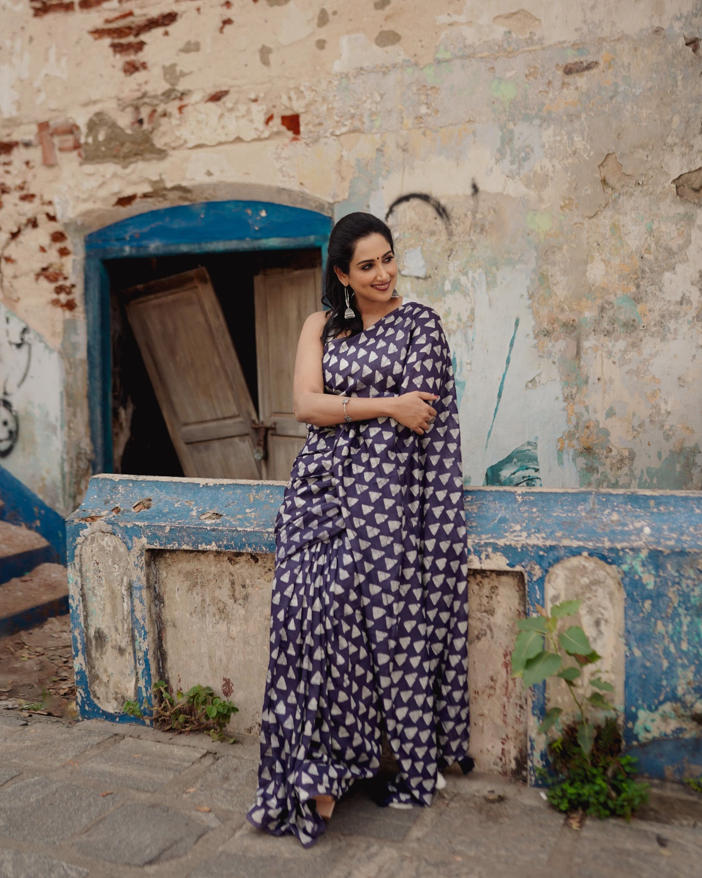 New Indigo Color Hand Ikkat Batik Printed Saree With Blouse