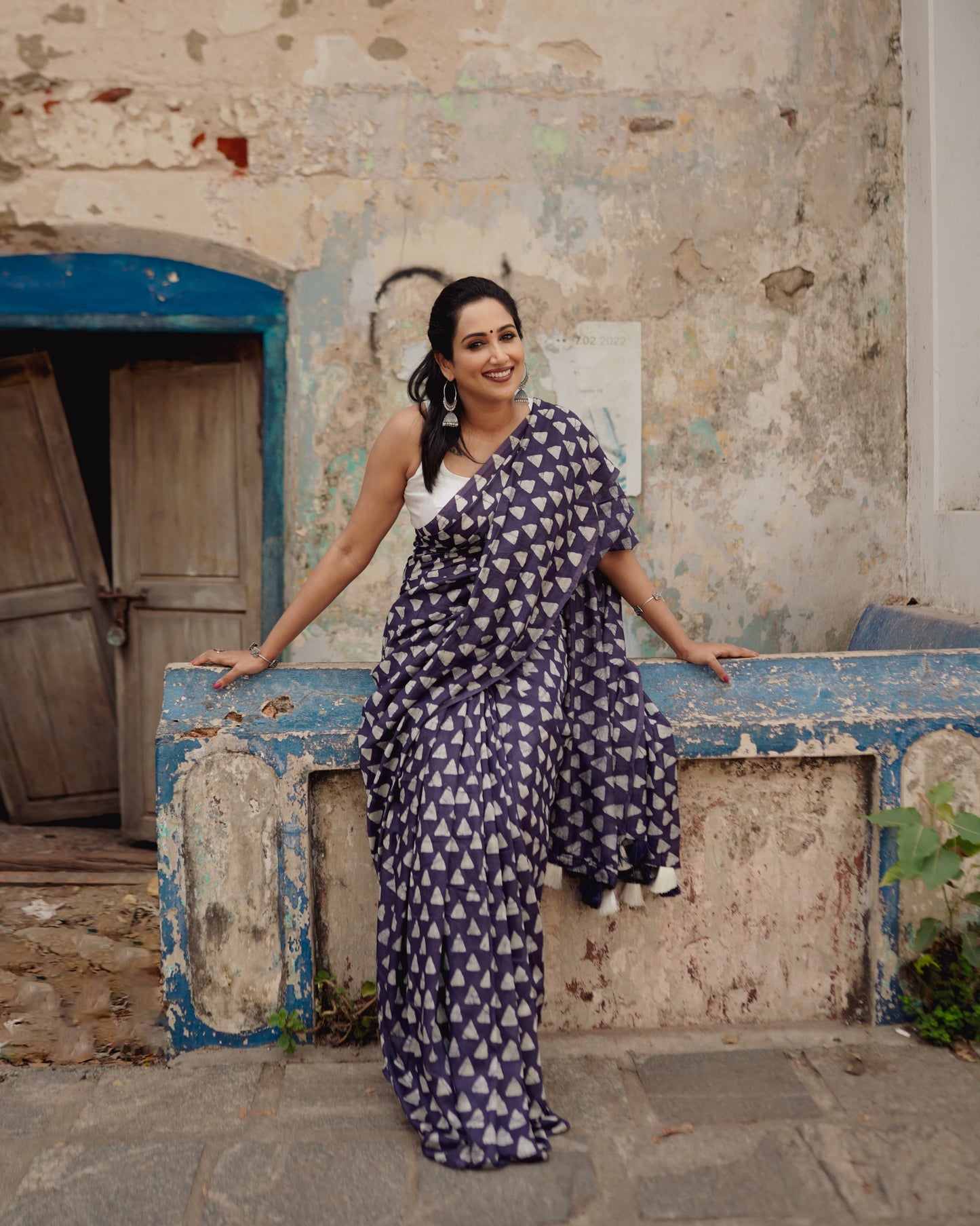 New Indigo Color Hand Ikkat Batik Printed Saree With Blouse