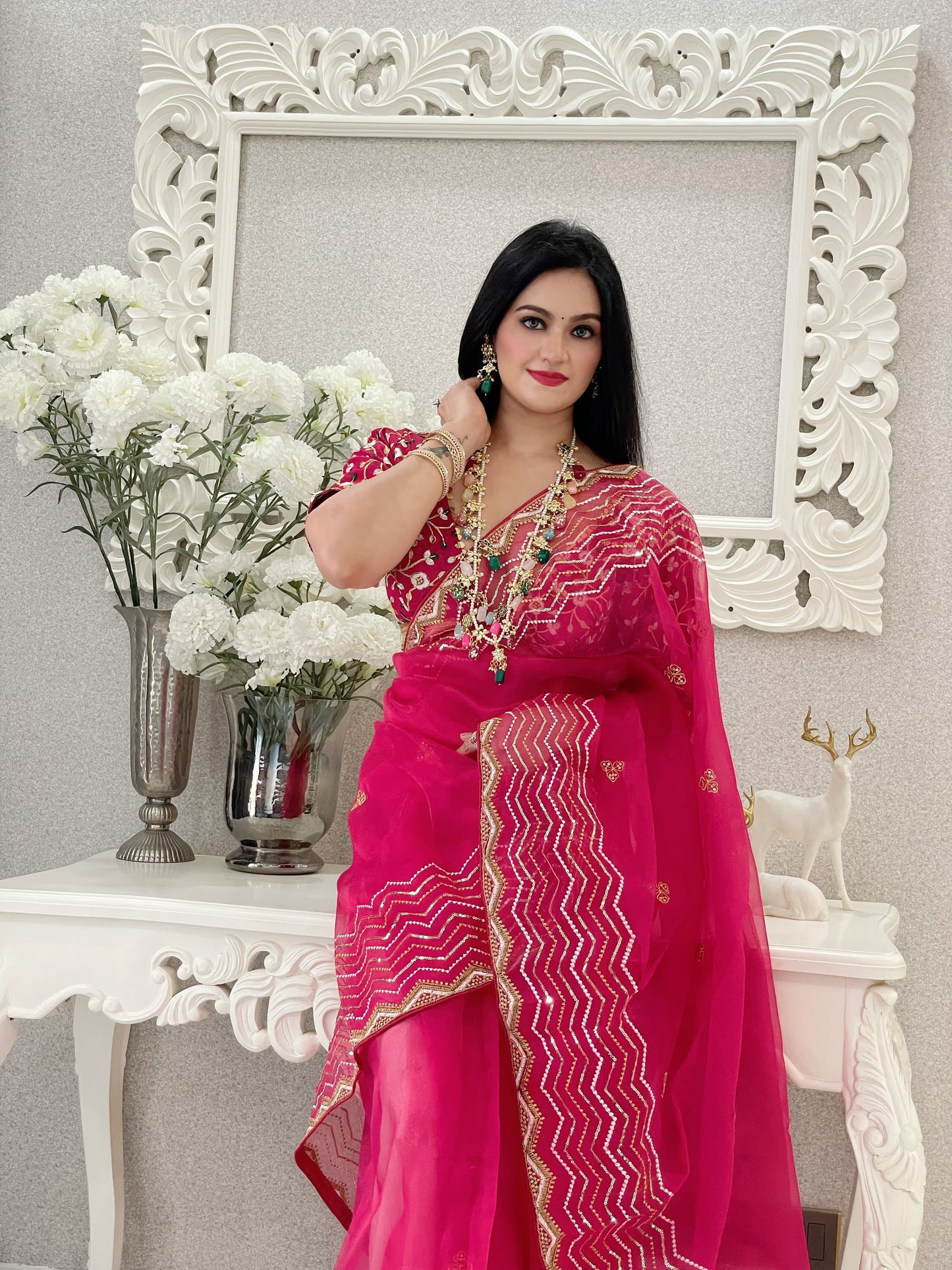 Women's Embroidery Pink Colour Soft Organza Silk Saree with Stitched Blouse