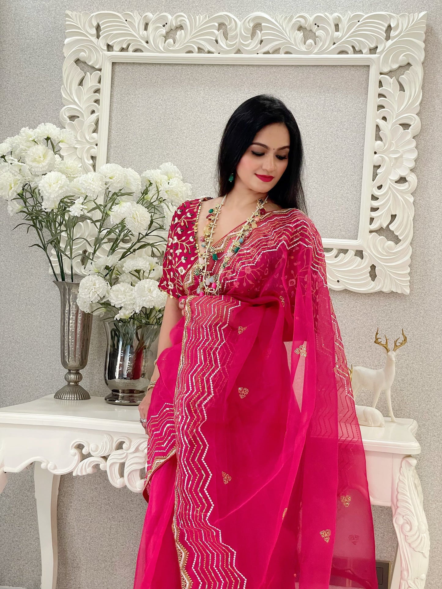 Women's Embroidery Pink Colour Soft Organza Silk Saree with Stitched Blouse