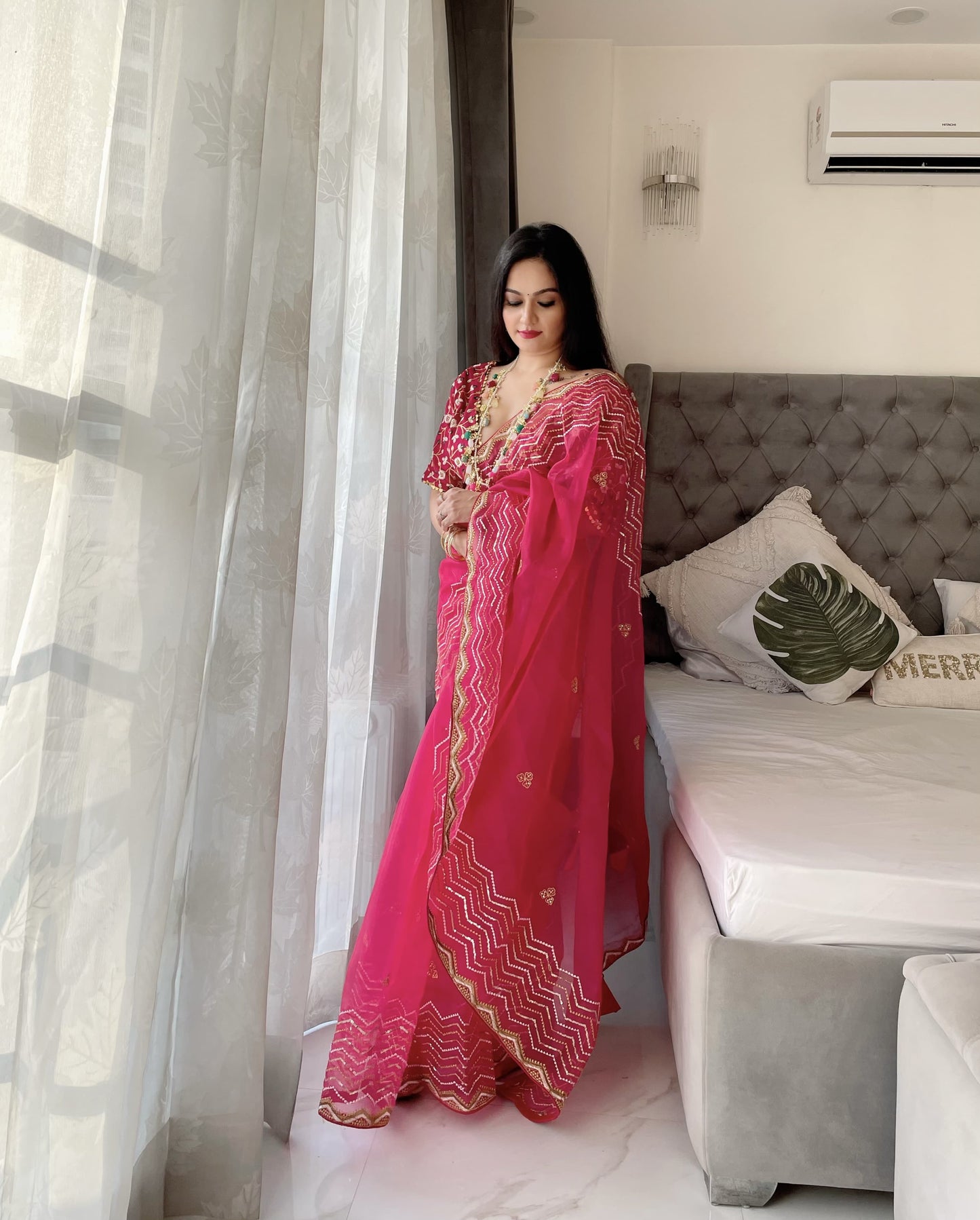 Women's Embroidery Pink Colour Soft Organza Silk Saree with Stitched Blouse