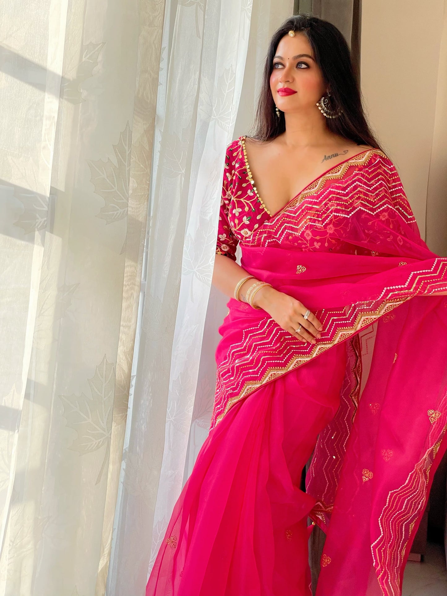 Women's Embroidery Pink Colour Soft Organza Silk Saree with Stitched Blouse