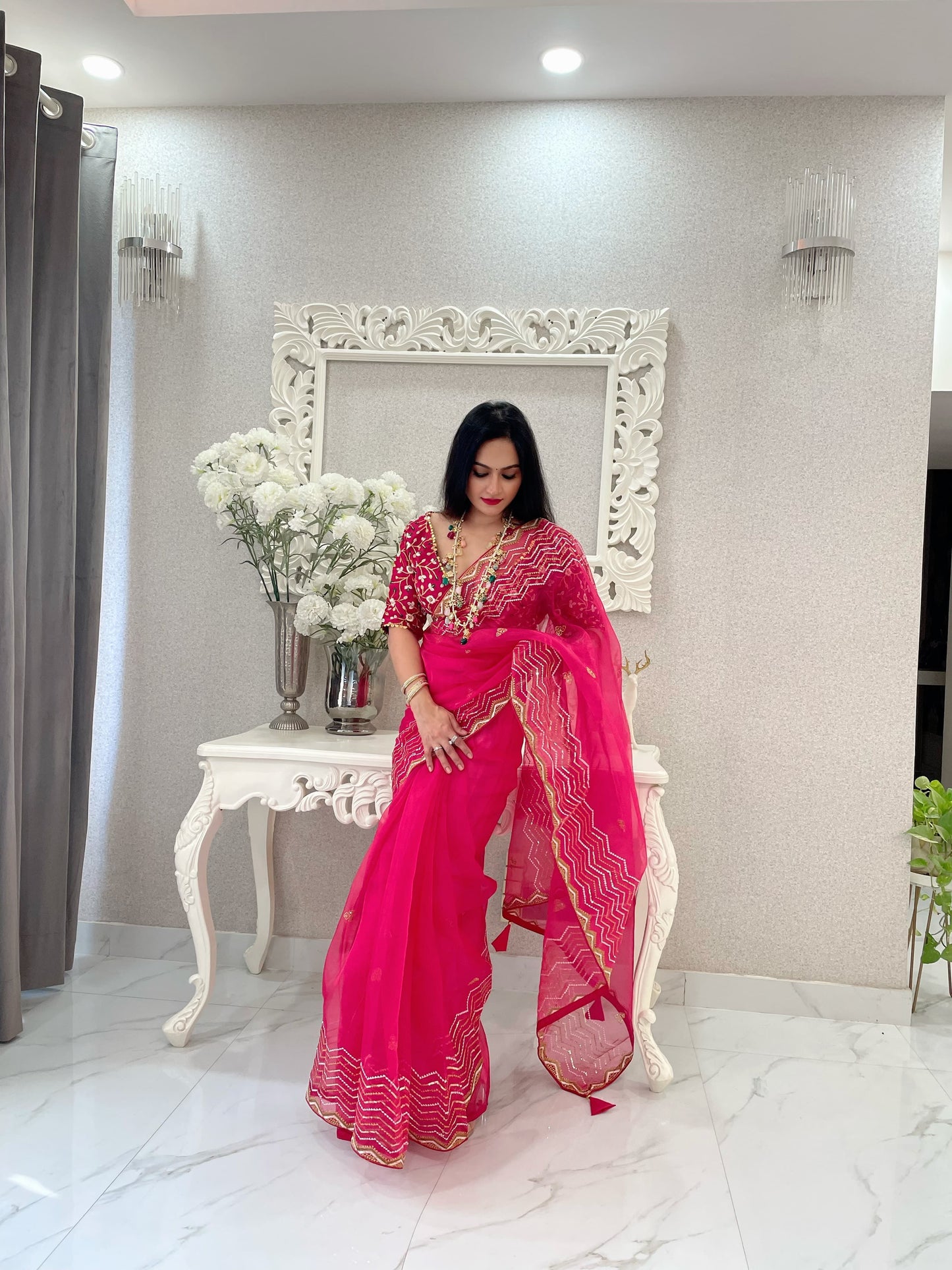 Women's Embroidery Pink Colour Soft Organza Silk Saree with Stitched Blouse