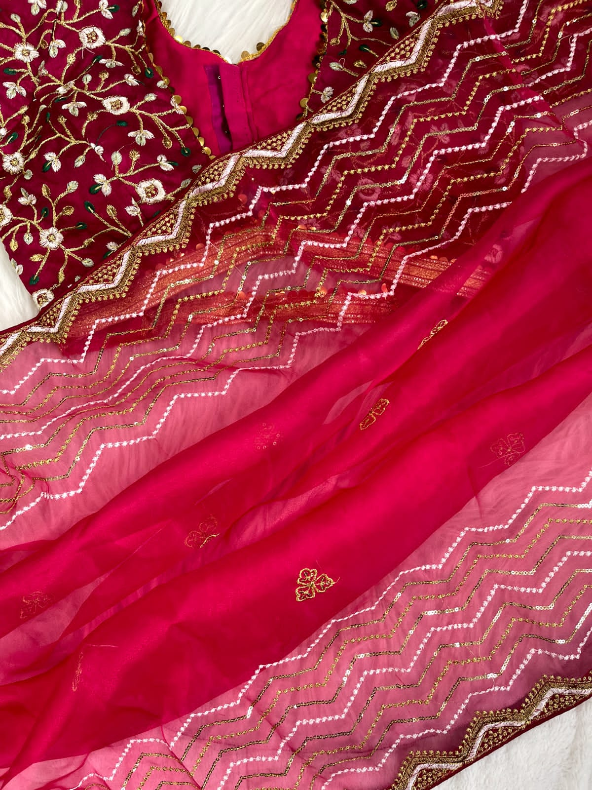 Women's Embroidery Pink Colour Soft Organza Silk Saree with Stitched Blouse