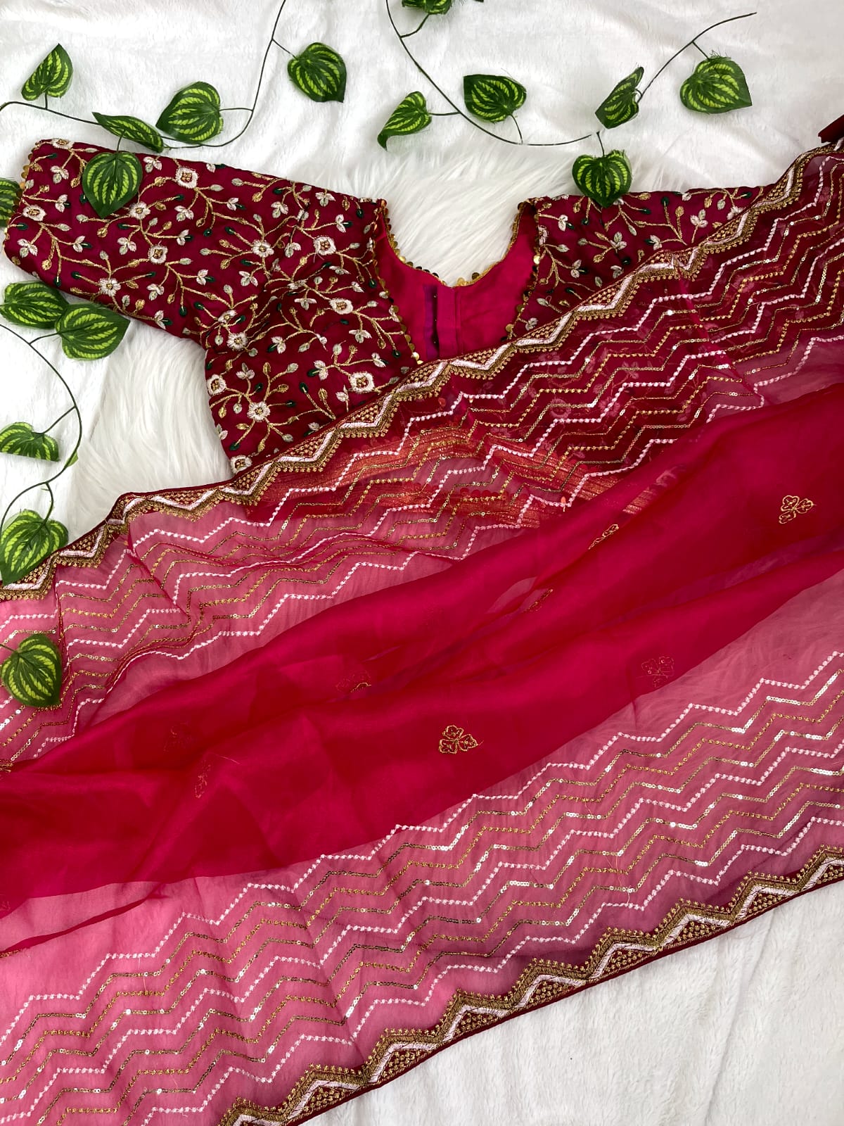 Women's Embroidery Pink Colour Soft Organza Silk Saree with Stitched Blouse