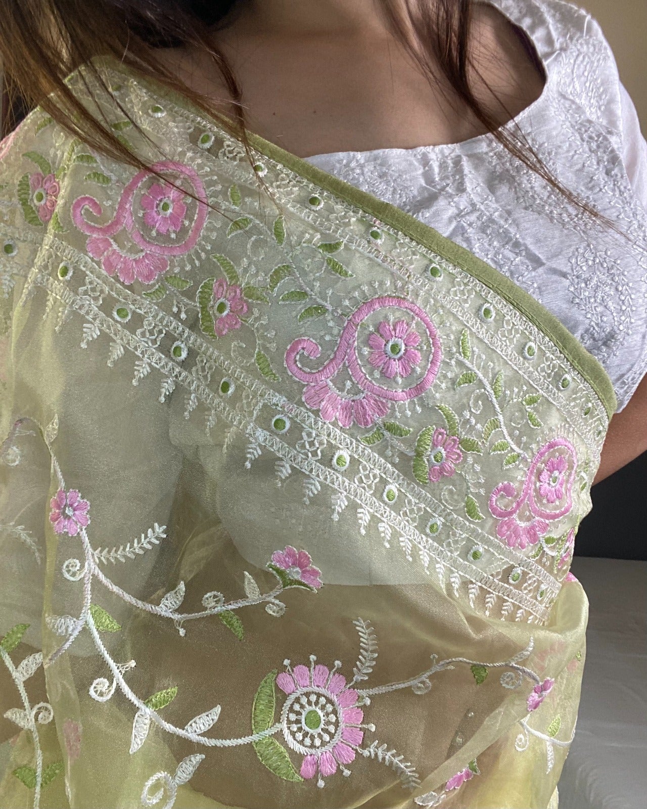 Heavy Multi & Zari Embroidery Work Soft Organza Silk Saree with White Banglori Silk Blouse