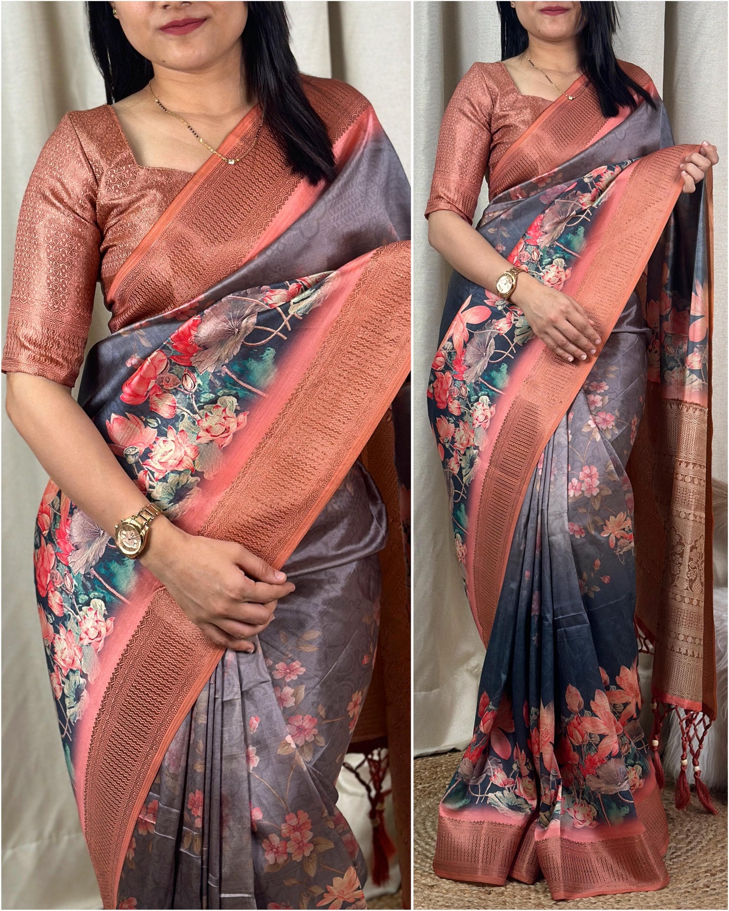 Luxurious Pure Satin Jacquard 3D Print Saree with Blouse