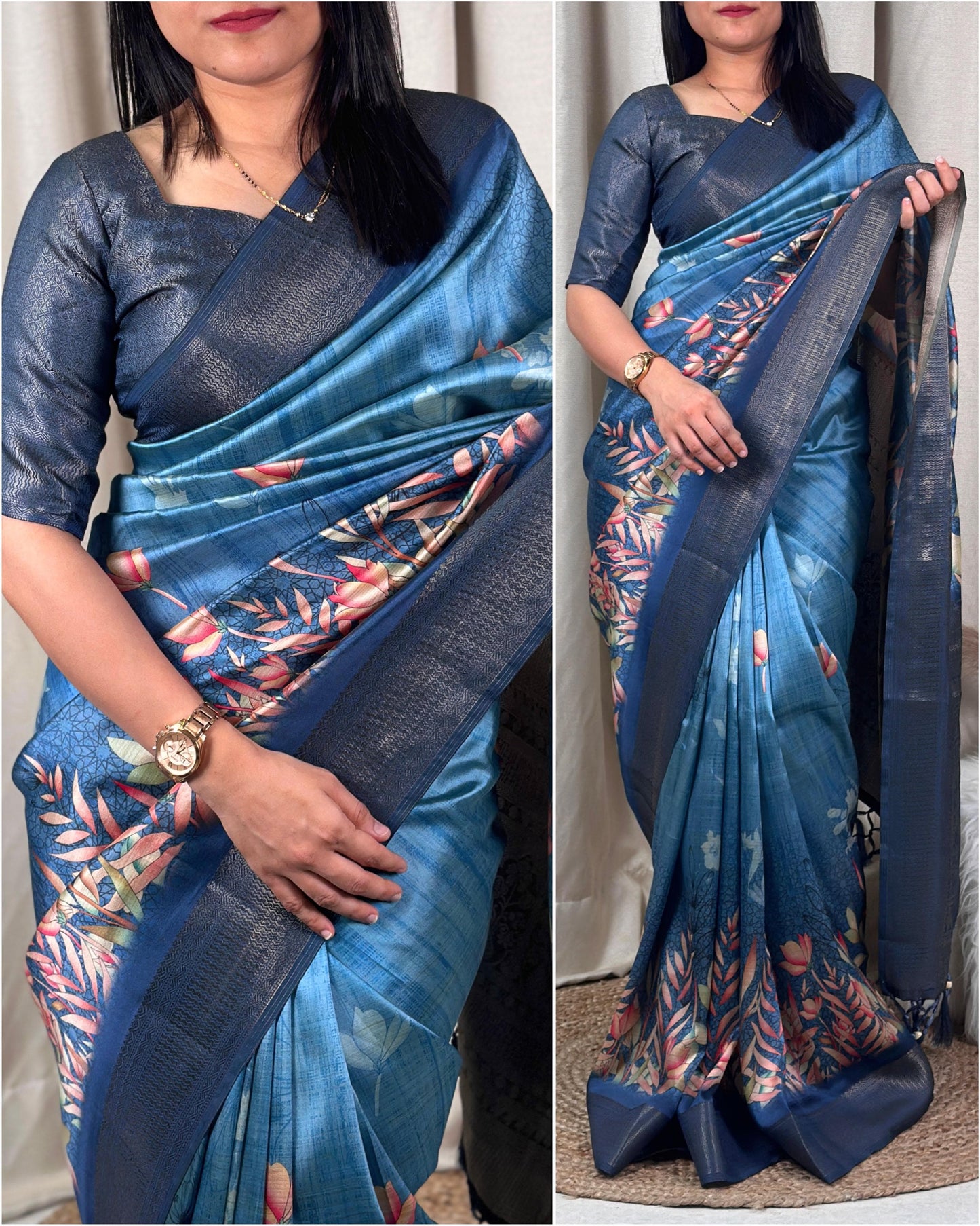 Luxurious Pure Satin Jacquard 3D Print Saree with Blouse