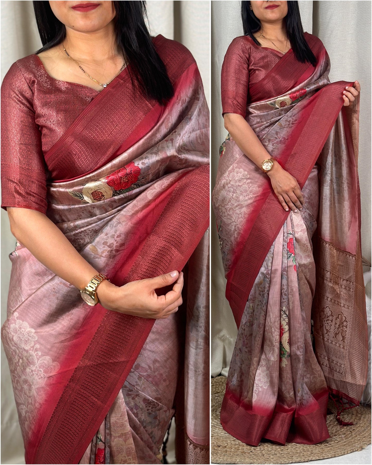 Luxurious Pure Satin Jacquard 3D Print Saree with Blouse