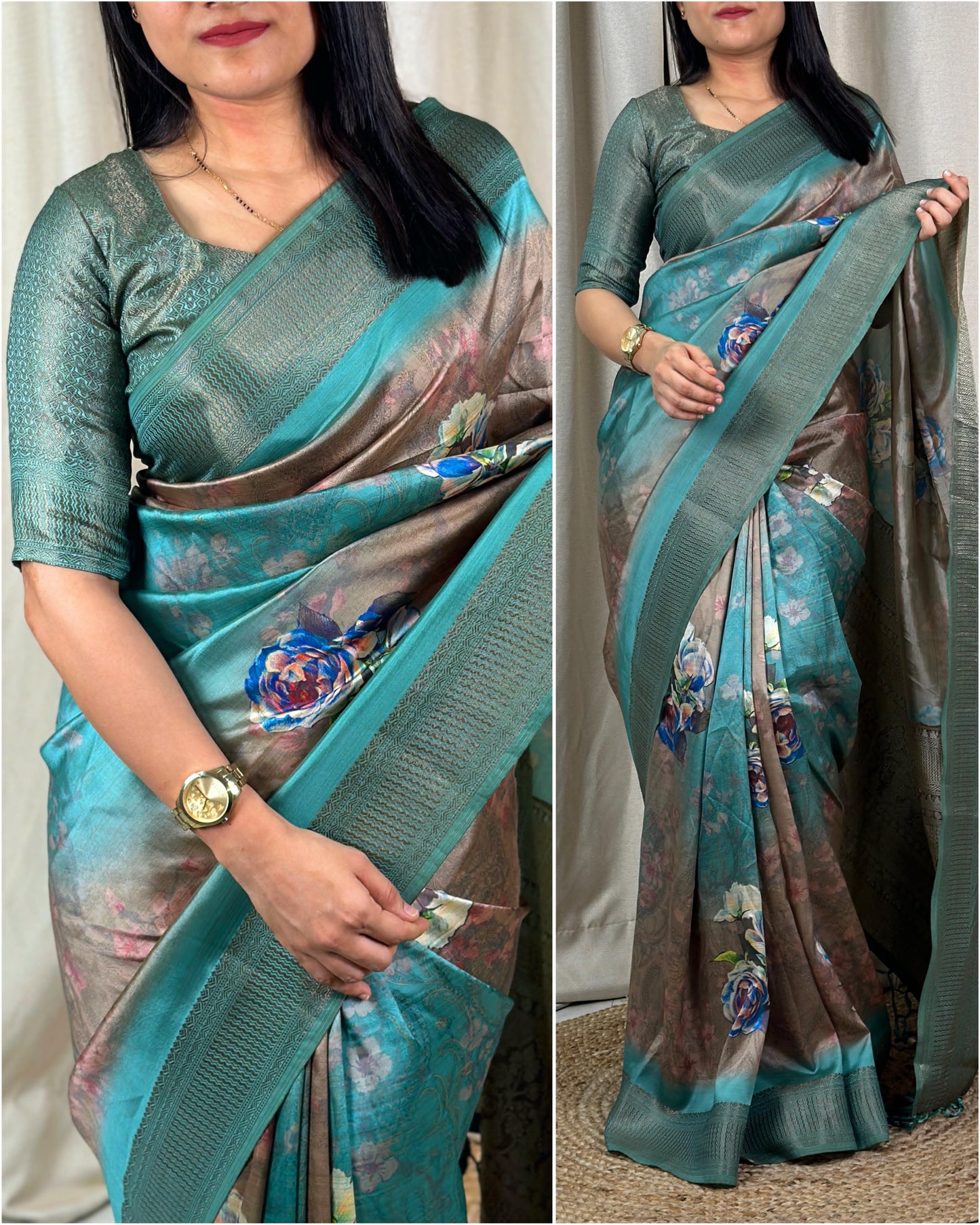 Luxurious Pure Satin Jacquard 3D Print Saree with Blouse