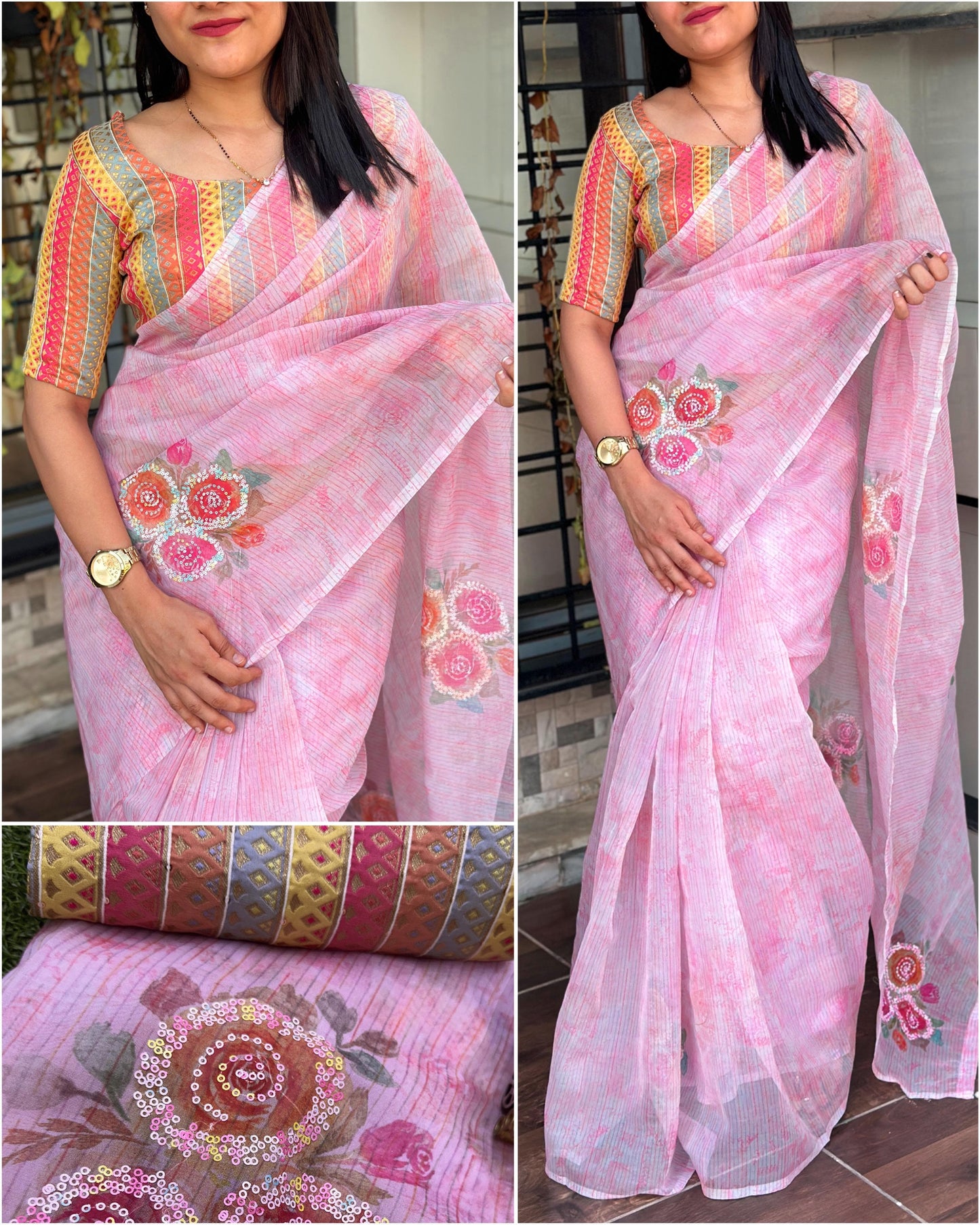 Softest Organza Printed Saree with Contrast Jacquard Blouse