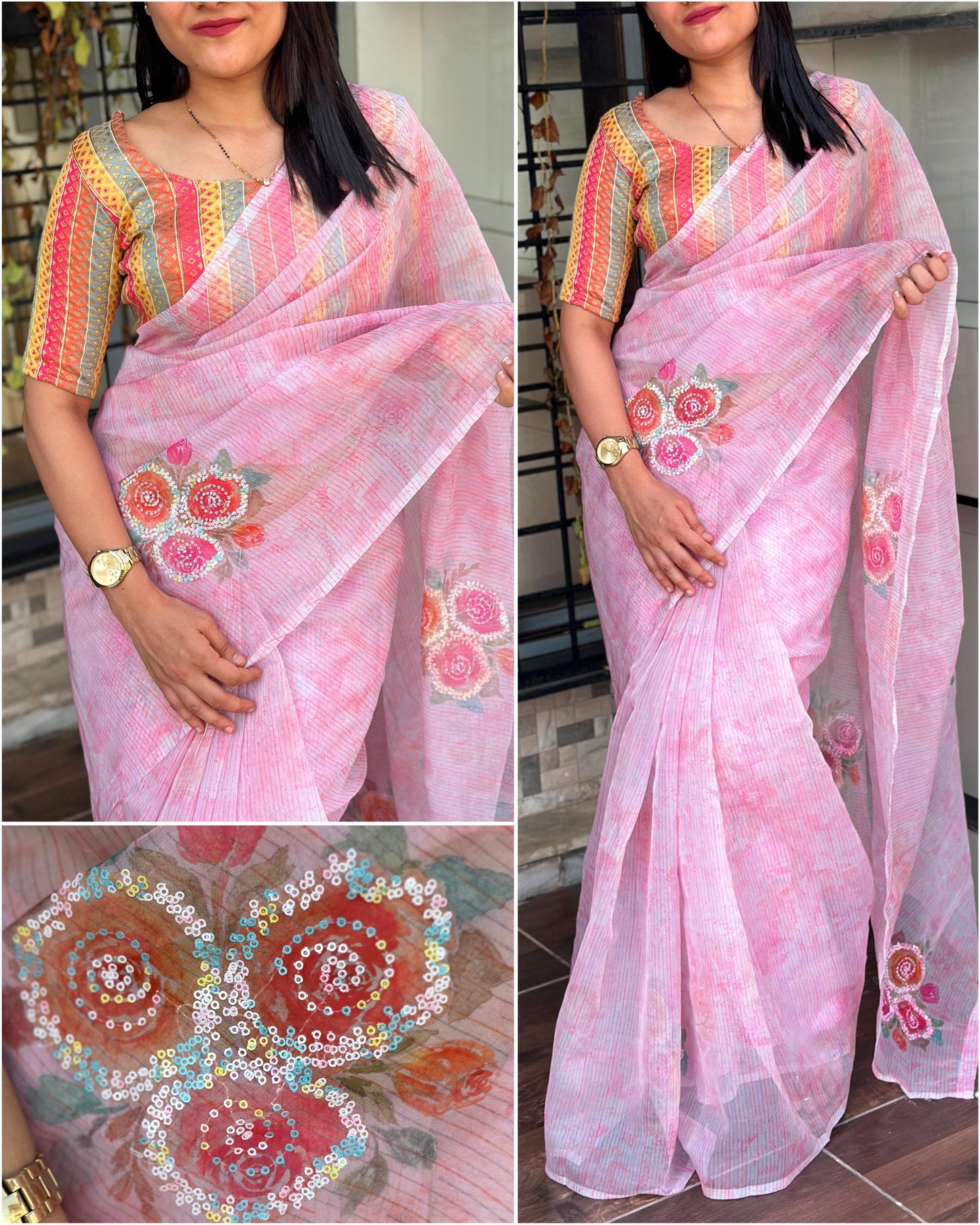 Softest Organza Printed Saree with Contrast Jacquard Blouse