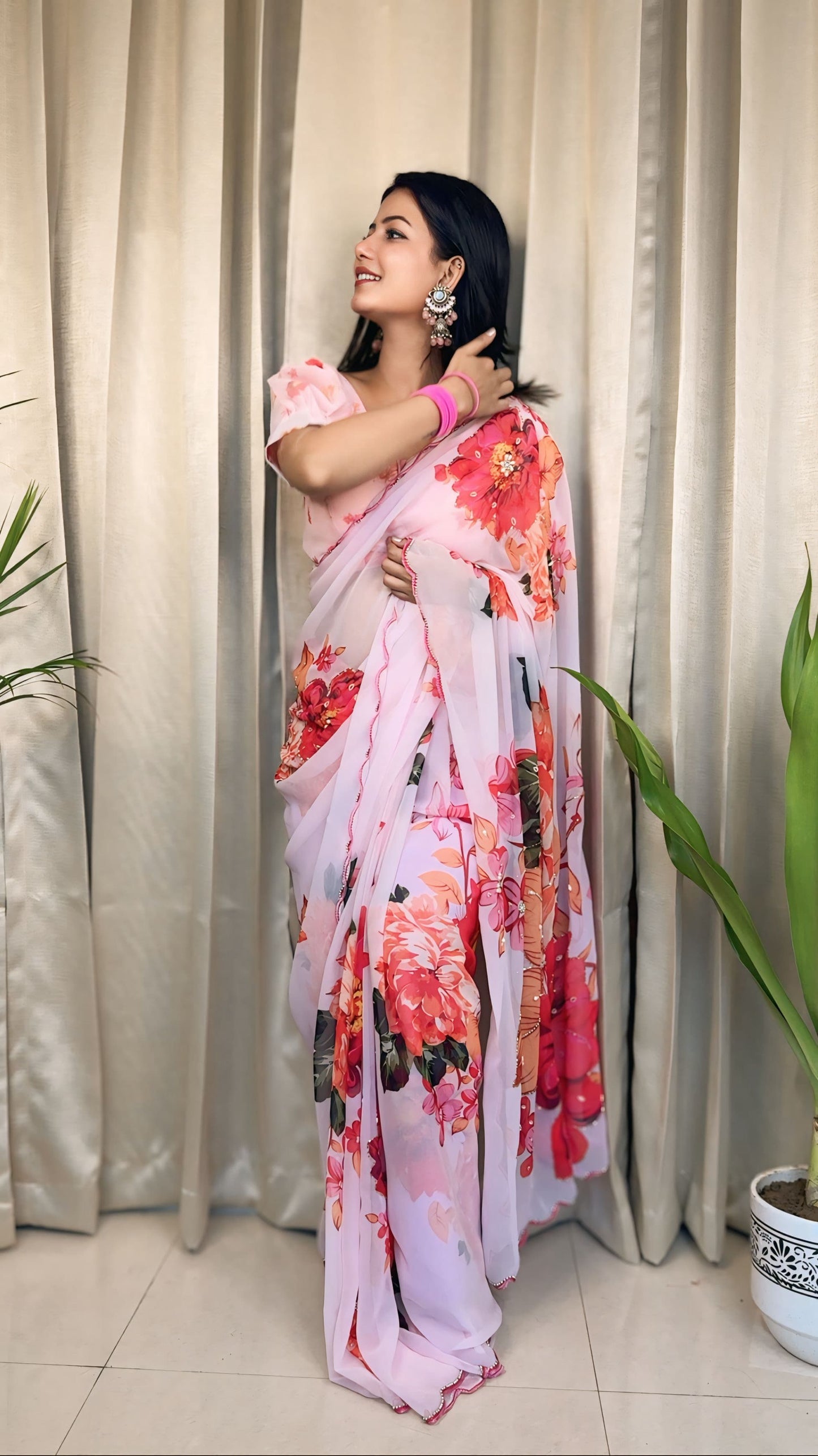 Floral Prints and Handwork Soft Georgette Silk Saree with Readymade Blouse