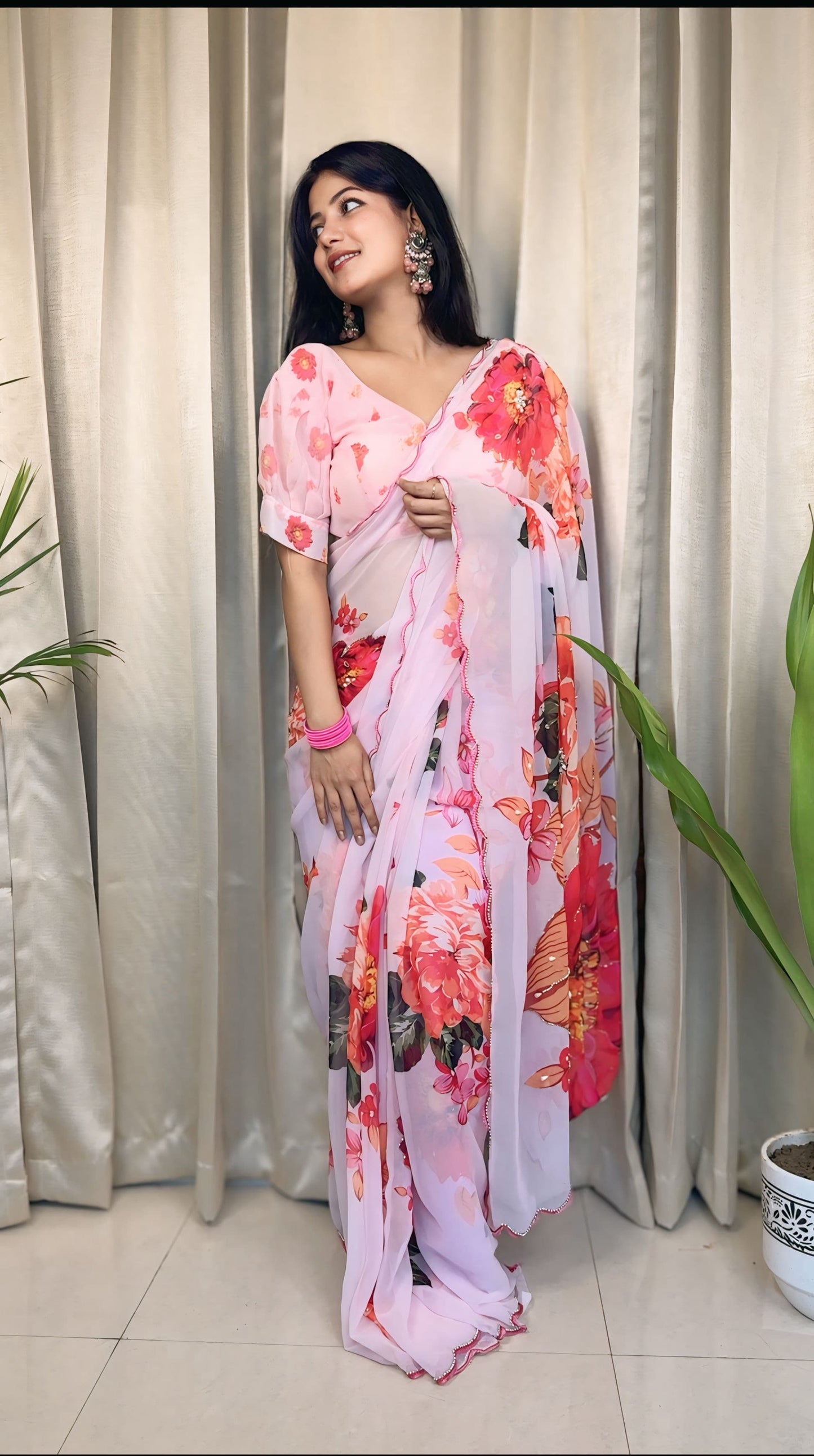 Floral Prints and Handwork Soft Georgette Silk Saree with Readymade Blouse