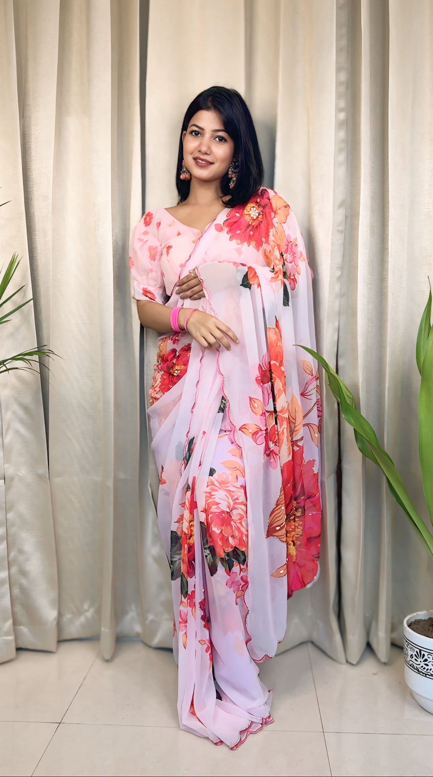 Floral Prints and Handwork Soft Georgette Silk Saree with Readymade Blouse