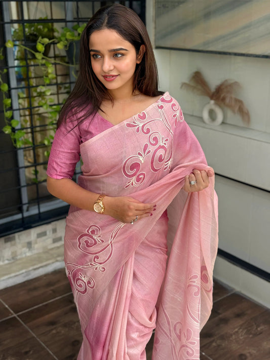 Elegant Hand Kantha Work Linen Cotton Saree with Blouse