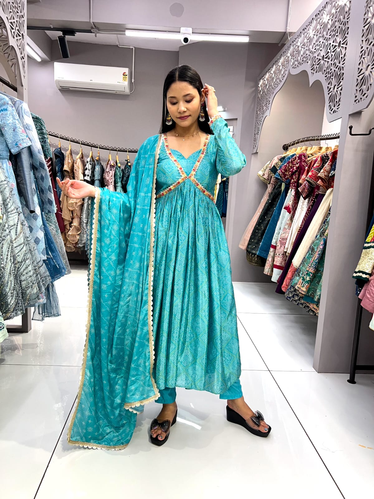 "Sky Blue Embroidered  Bandhani Chinon Gown"