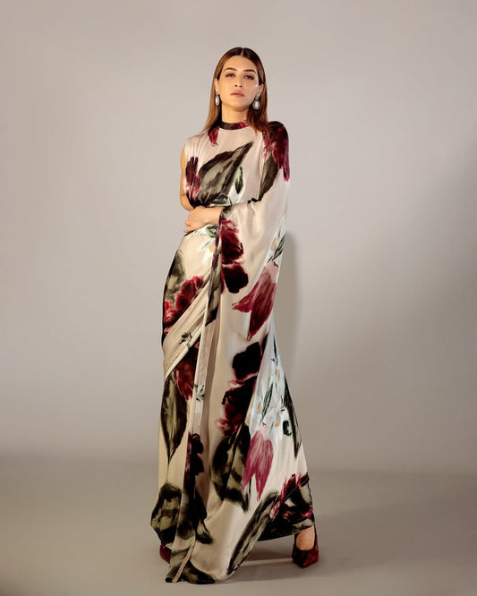 Kriti Sanon Inspired Floral Digital Print Japan Satin Silk Saree with Matching Blouse