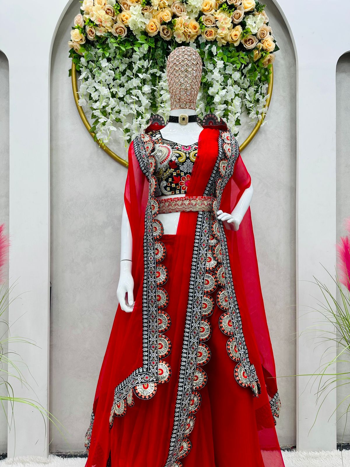 Designer Organza Silk Indo-Western Sharara Set with Thread and Sequins Work