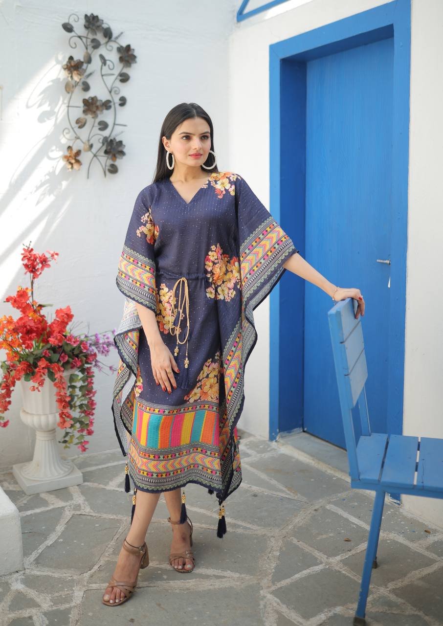 Women's Stylish Chinon Crochet Digital Printed Free Size Ready to Wear Kaftan