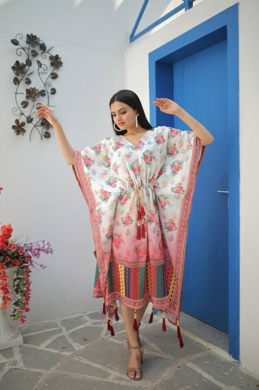 Women's Stylish Chinon Crochet Digital Printed Free Size Ready to Wear Kaftan