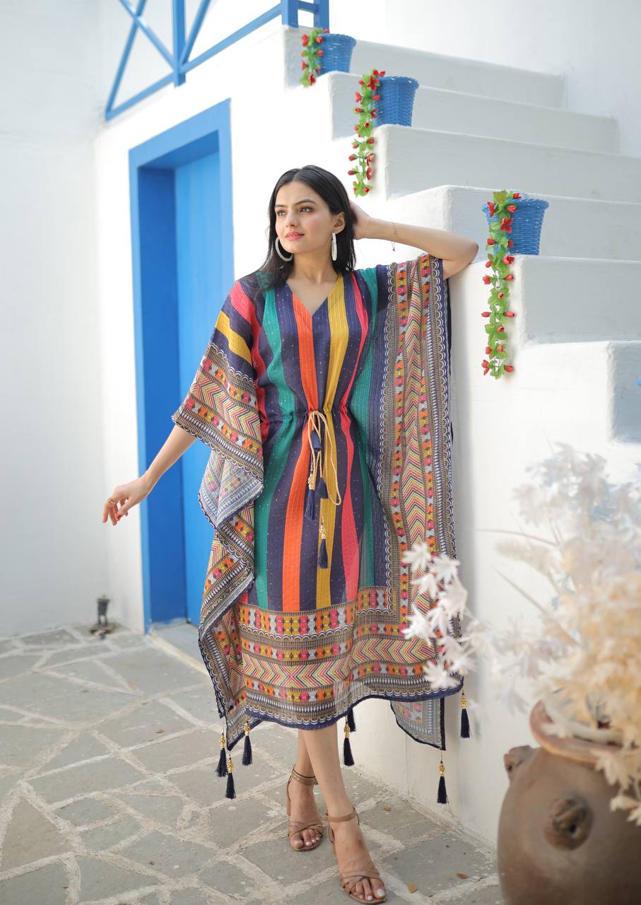 Women's Stylish Chinon Crochet Digital Printed Free Size Ready to Wear Kaftan