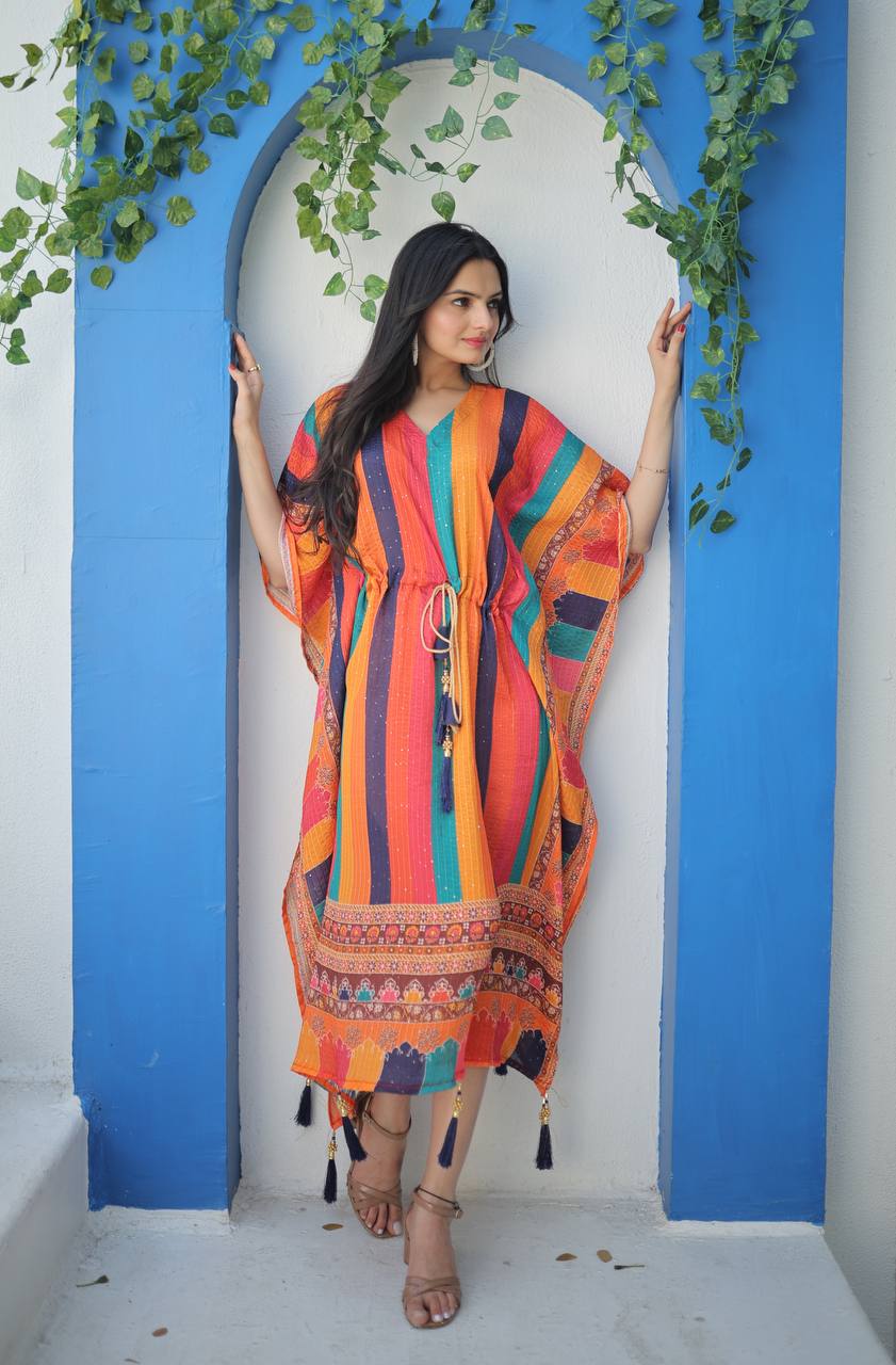 Women's Luxury Ready to Wear Digital Printed Free Size Chinon Crochet Kaftan