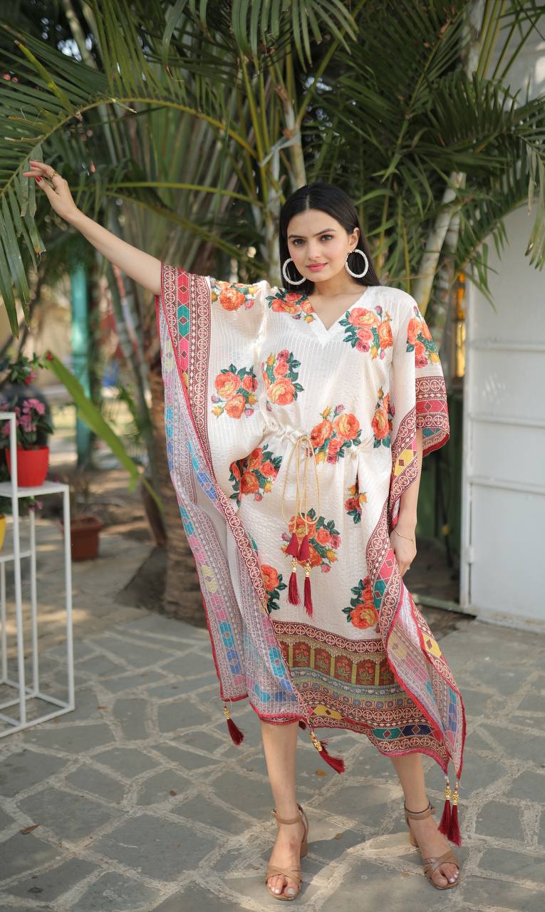 Women's Luxury Ready to Wear Digital Printed Free Size Chinon Crochet Kaftan