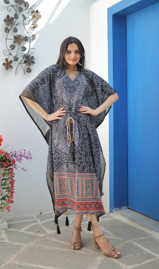 Women's Luxury Ready to Wear Digital Printed Free Size Chinon Crochet Kaftan