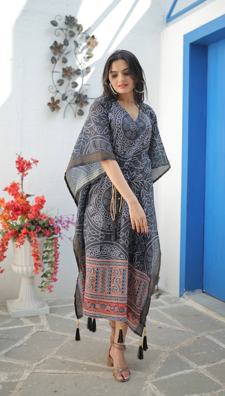 Women's Luxury Ready to Wear Digital Printed Free Size Chinon Crochet Kaftan