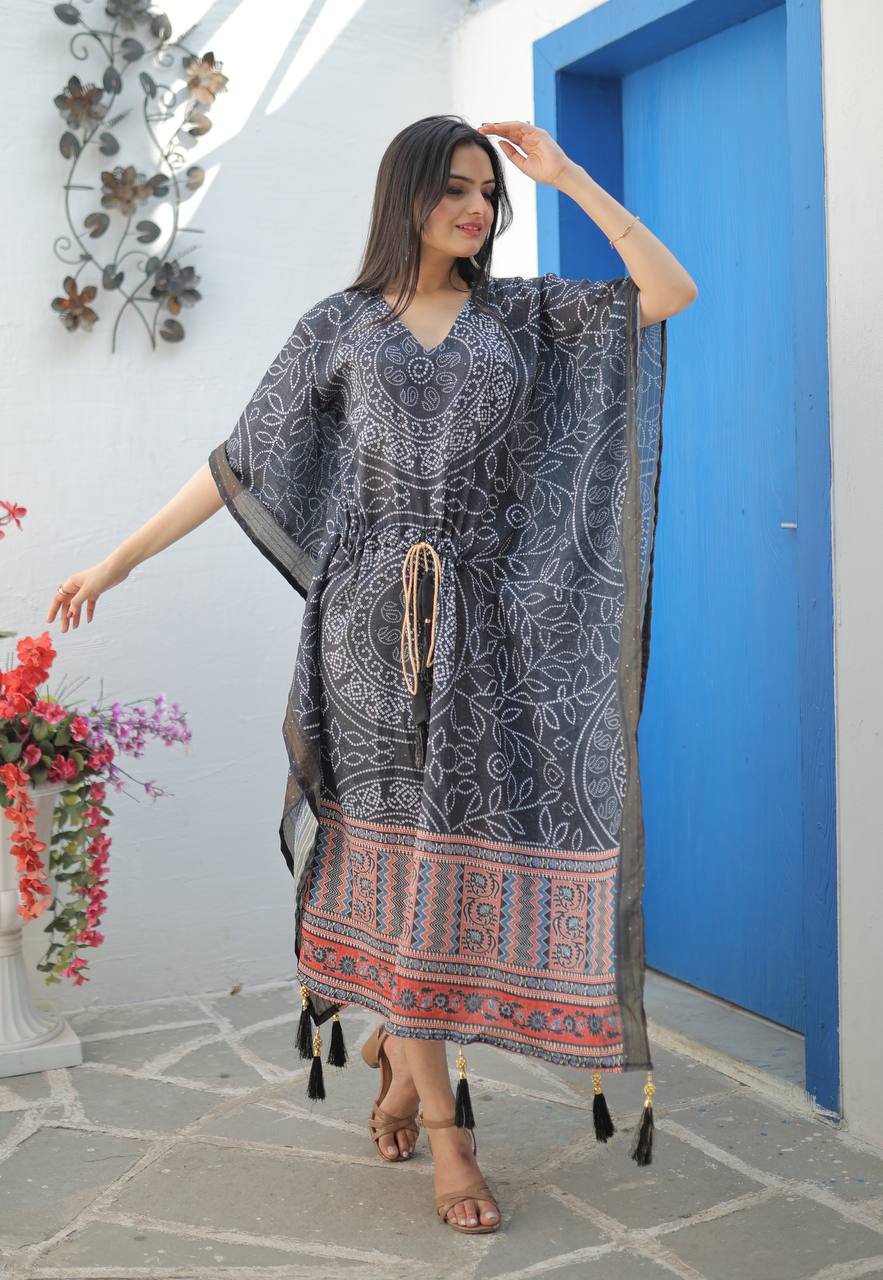 Women's Luxury Ready to Wear Digital Printed Free Size Chinon Crochet Kaftan