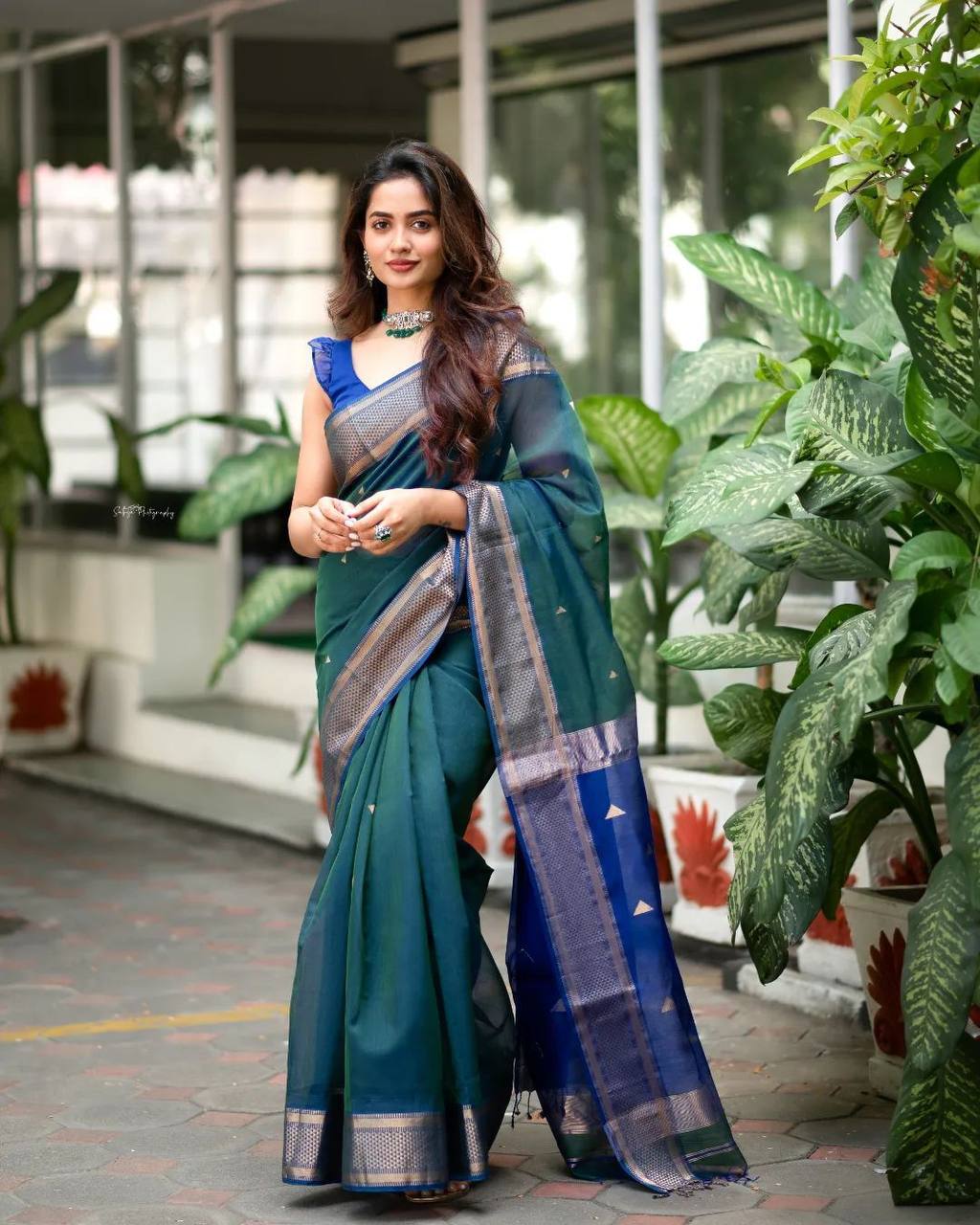 Handloom Royal Blue Natural Tussar Silk Saree with stripe Border