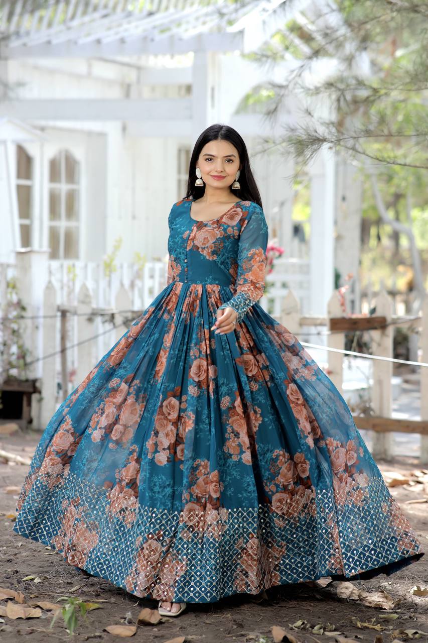 Women's high quality Faux Georgette Floral Printed Zari-Thread & Sequins Designer Gown