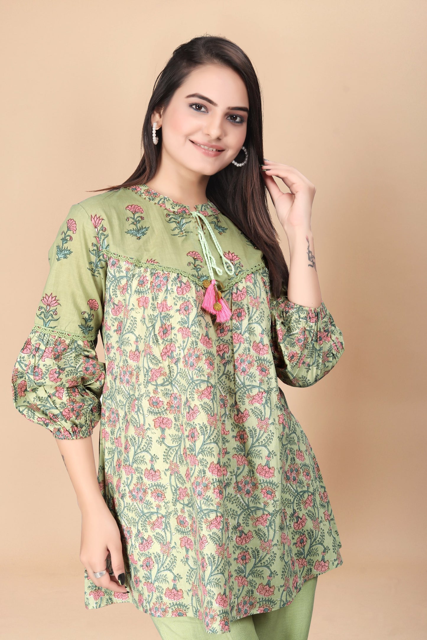 Women's Green Printed Cotton Kurti Top with Solid Cotton Pant Set