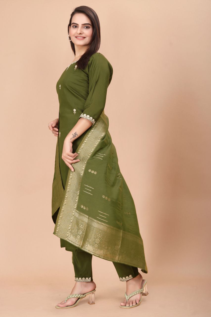 Women's Embroidered Viscose Silk Kurti Pant Set with Heavy Jacquard Dupatta