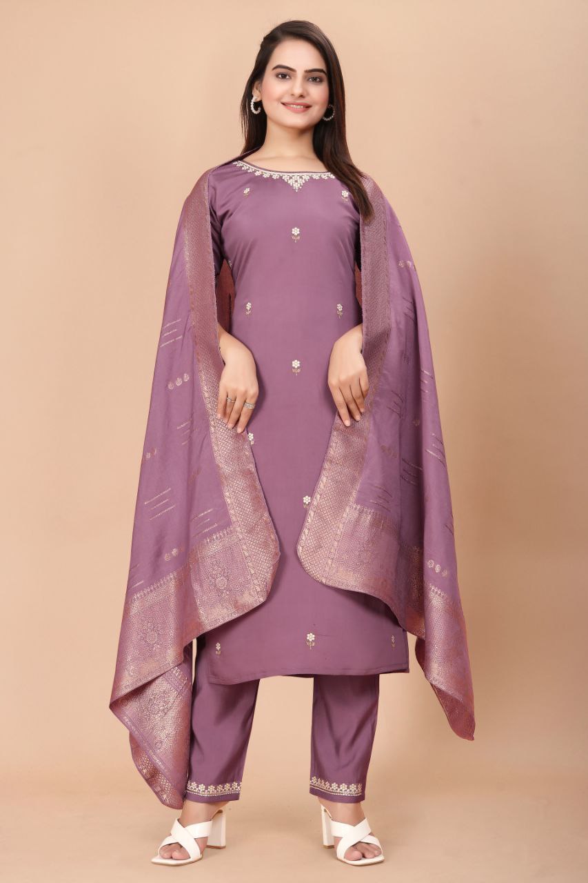 Women's Embroidered Viscose Silk Kurti Pant Set with Heavy Jacquard Dupatta