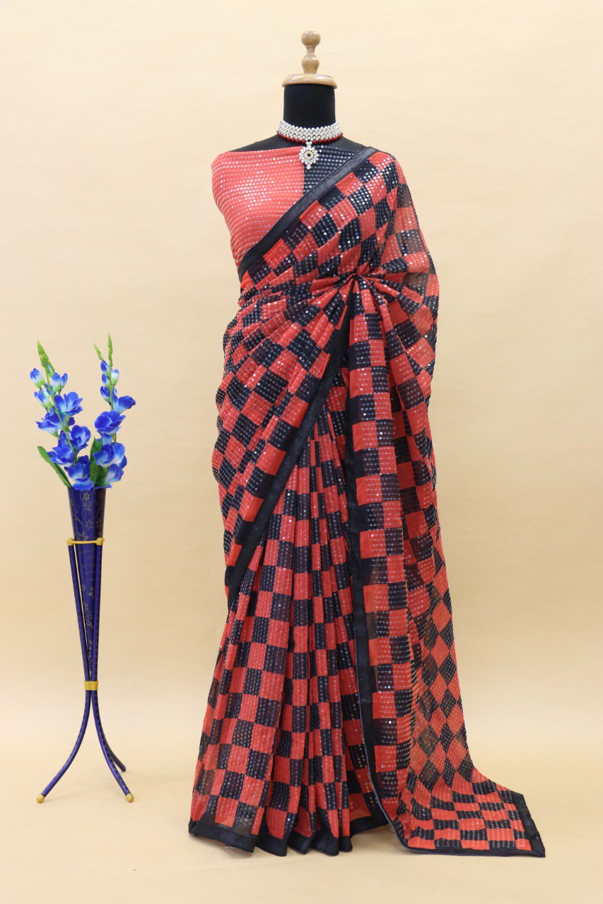 Women's Fancy Thread and Sequins Work Digital printed Checkered Faux Georgette Saree With Unstitched Blouse