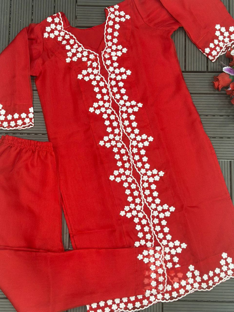 Khadi Organza Elegance: Party Wear Kurti Set with Dhoti Salwar & Embroidered Dupatta