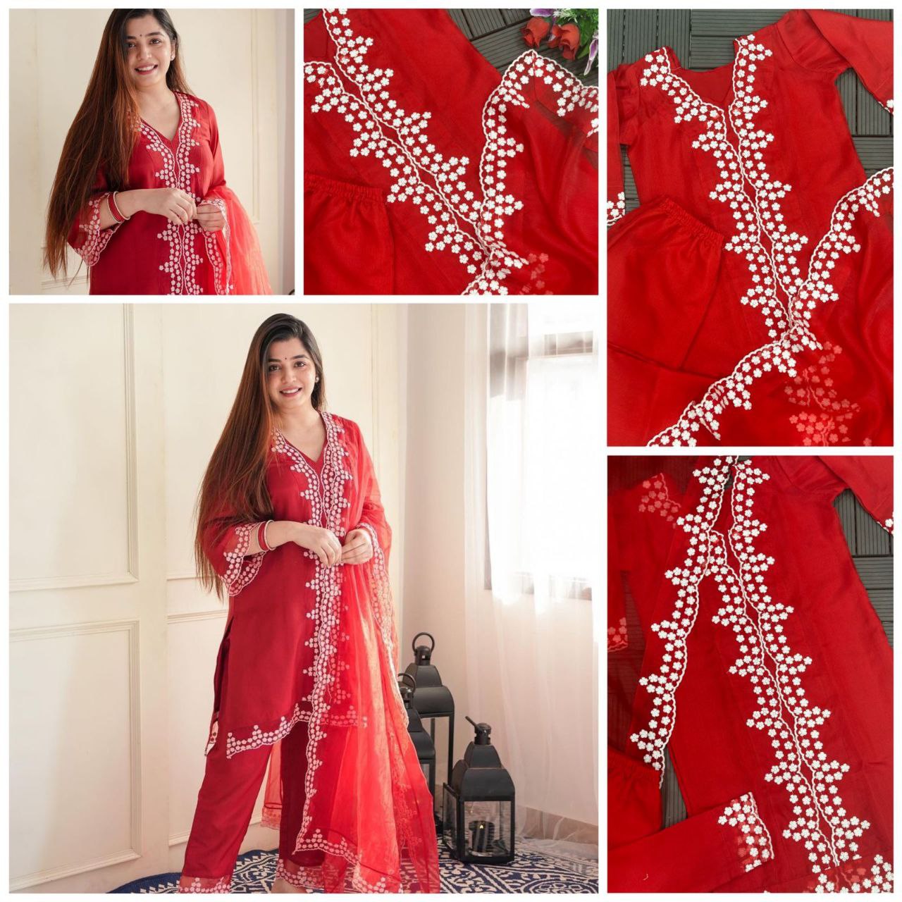 Khadi Organza Elegance: Party Wear Kurti Set with Dhoti Salwar & Embroidered Dupatta
