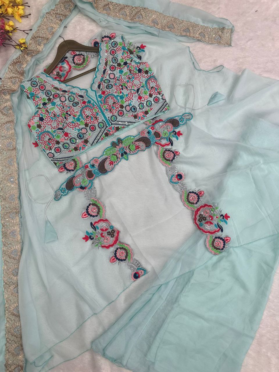 Full-Stitched Sequin Sharara with Pre-Draped Dupatta and Shrug