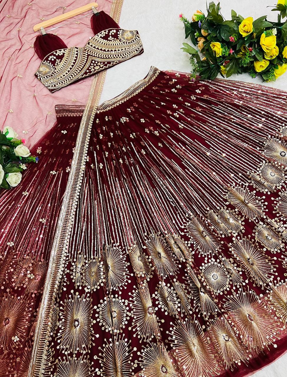 Women's Full Stitched Designer Butter Fly Net Fabric Sequins Lehenga Choli With Dupatta Set