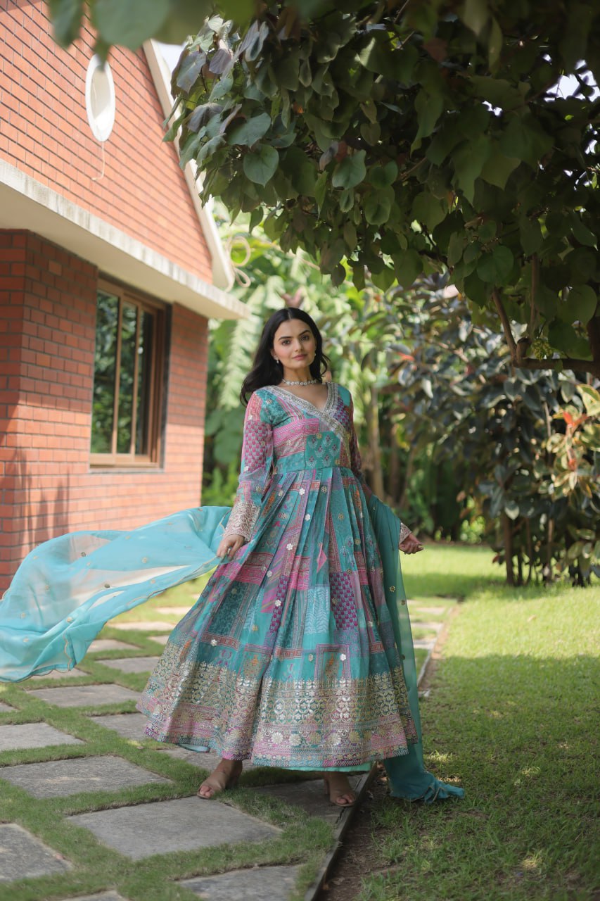 "Elegant Russian Silk Gown-Dupatta Set | Digital Print & Embroidery | Ready-to-Wear"