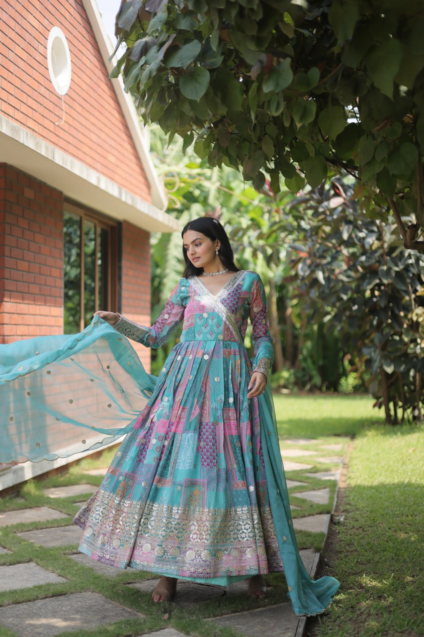 "Elegant Russian Silk Gown-Dupatta Set | Digital Print & Embroidery | Ready-to-Wear"