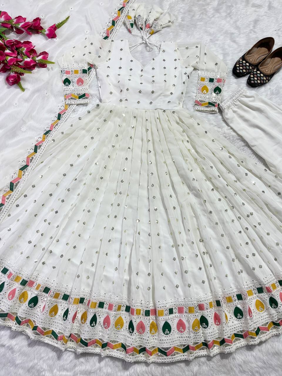 "Elegant White Anarkali Suit Set with Sequins & Embroidery Work"