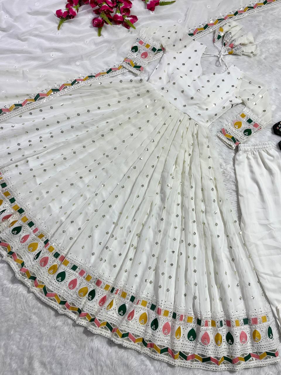 "Elegant White Anarkali Suit Set with Sequins & Embroidery Work"