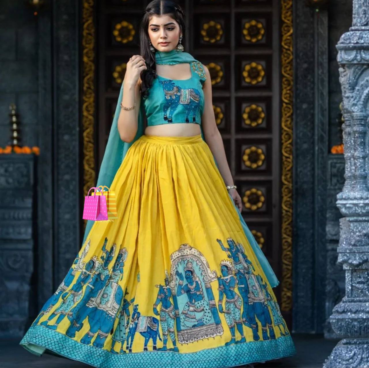 "Kalamkari Elegance: Chent Crepe Lehenga Choli Set with Moti Work Dupatta"